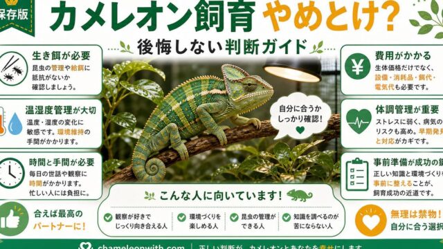 カメレオン飼育は「やめとけ」？飼って後悔する人の特徴とデメリット・続けられる人の条件を徹底解説の要点を伝えるカメレオン・爬虫類記事アイキャッチ画像