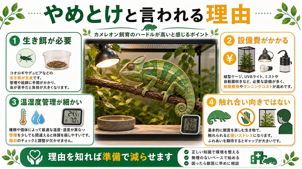 カメレオンは「やめとけ」と言われる理由の要点をまとめたカメレオン・爬虫類飼育インフォグラフィック