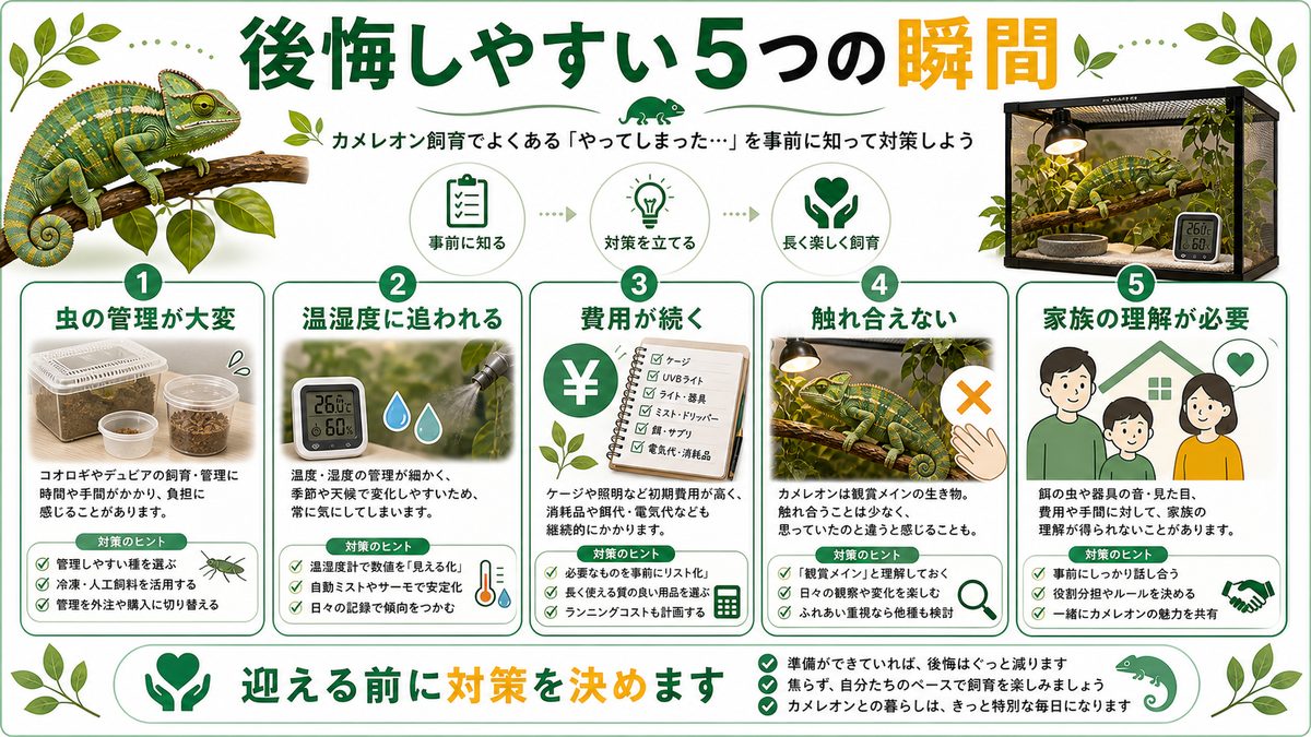 飼って後悔する5つの瞬間の要点をまとめたカメレオン・爬虫類飼育インフォグラフィック