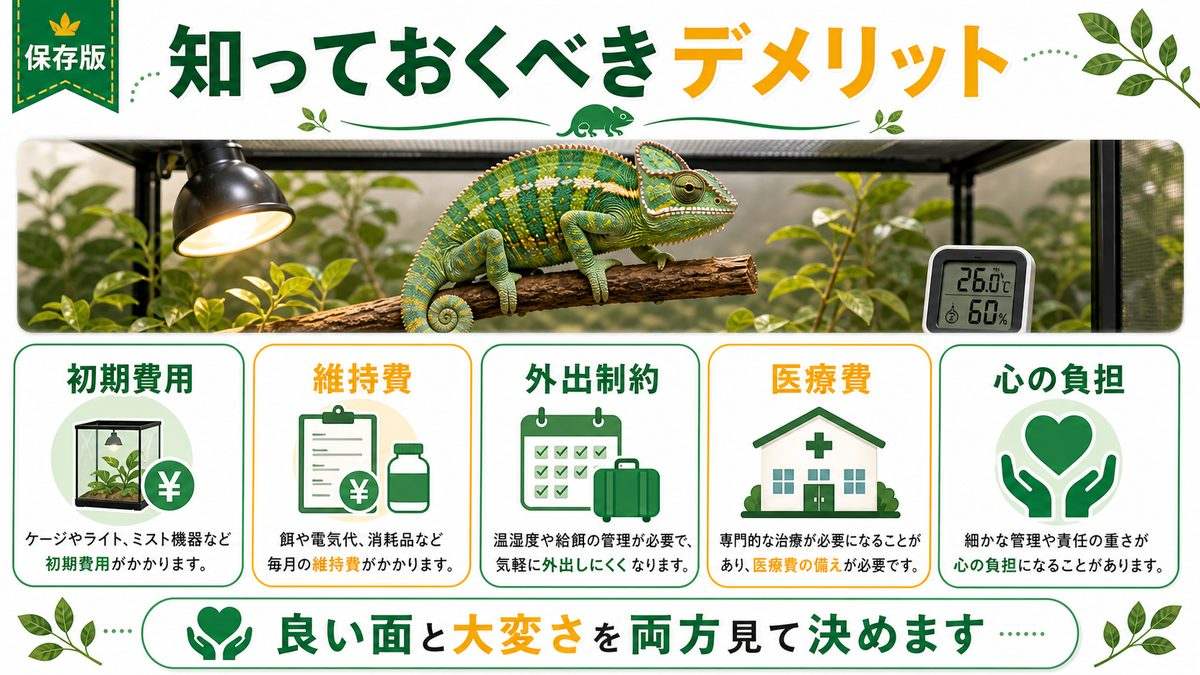 知っておくべきデメリットの要点をまとめたカメレオン・爬虫類飼育インフォグラフィック