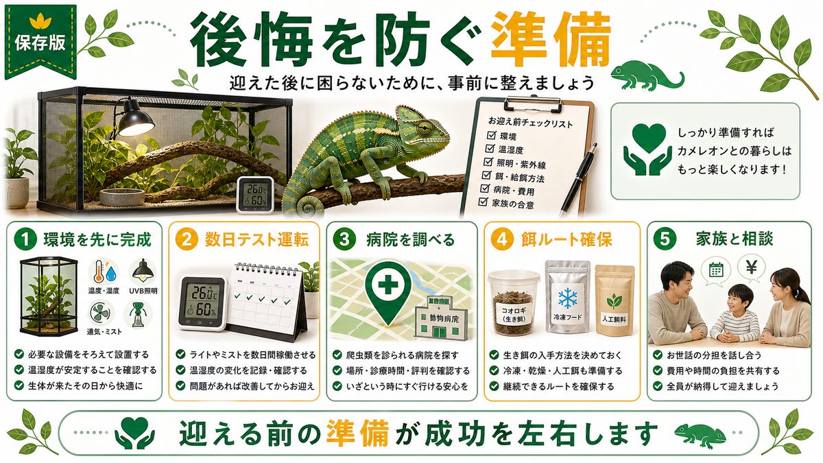 後悔を防ぐための準備の要点をまとめたカメレオン・爬虫類飼育インフォグラフィック
