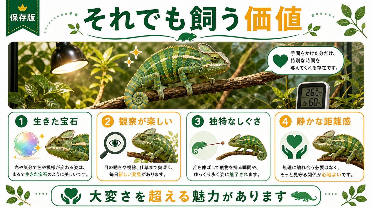 それでもカメレオンを飼う価値の要点をまとめたカメレオン・爬虫類飼育インフォグラフィック
