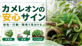 カメレオンのリラックス・安心しているサイン完全ガイド｜落ち着いている時の見分け方を徹底解説の要点を伝えるカメレオン・爬虫類記事アイキャッチ画像