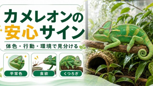 カメレオンのリラックス・安心しているサイン完全ガイド｜落ち着いている時の見分け方を徹底解説の要点を伝えるカメレオン・爬虫類記事アイキャッチ画像