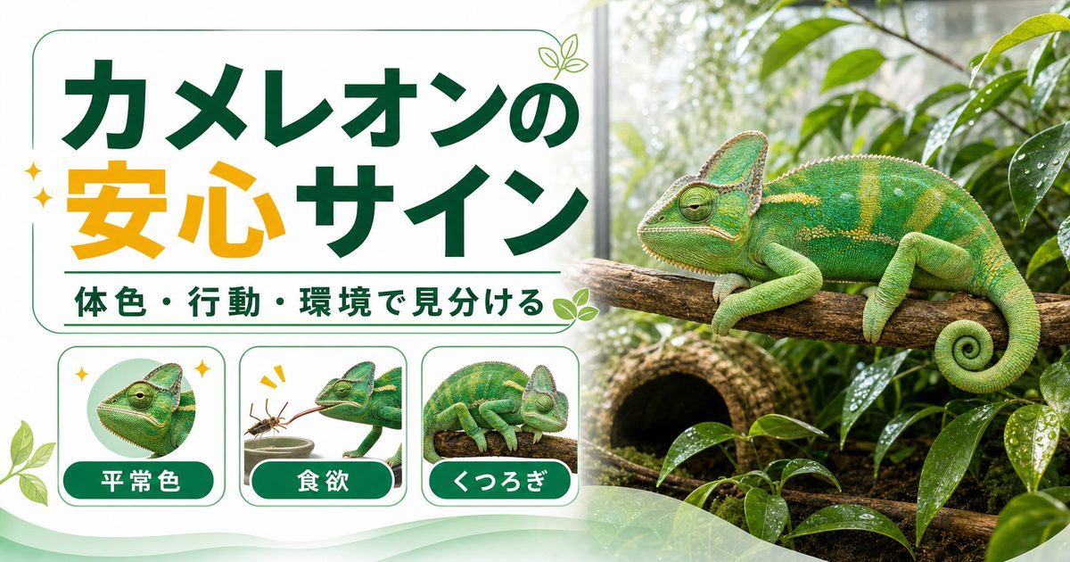 カメレオンのリラックス・安心しているサイン完全ガイド｜落ち着いている時の見分け方を徹底解説の要点を伝えるカメレオン・爬虫類記事アイキャッチ画像