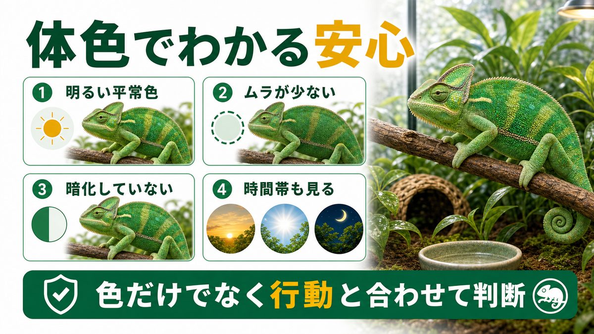 体色でわかる安心の要点をまとめたカメレオン・爬虫類飼育インフォグラフィック