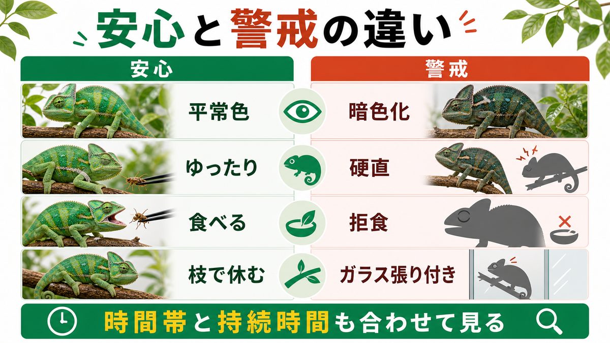 ストレス・警戒サインとの違いの要点をまとめたカメレオン・爬虫類飼育インフォグラフィック