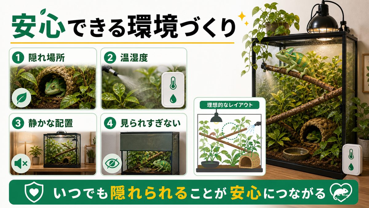 安心できる環境づくりの要点をまとめたカメレオン・爬虫類飼育インフォグラフィック