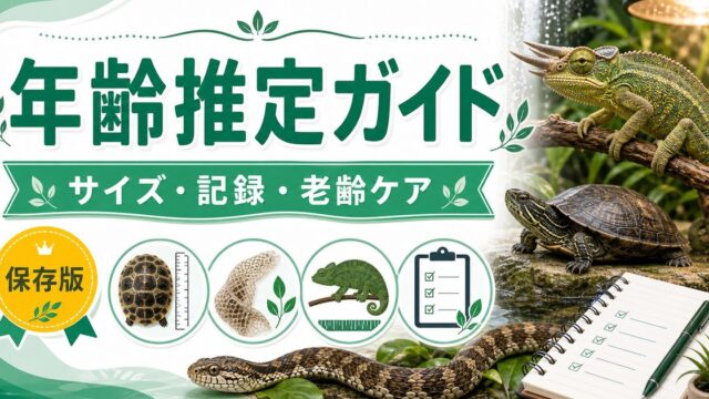 爬虫類の年齢推定完全ガイド｜鱗・甲羅年輪・サイズ・骨密度から老齢サインまで爬虫類の年齢を見抜く方法の要点を伝えるカメレオン・爬虫類記事アイキャッチ画像