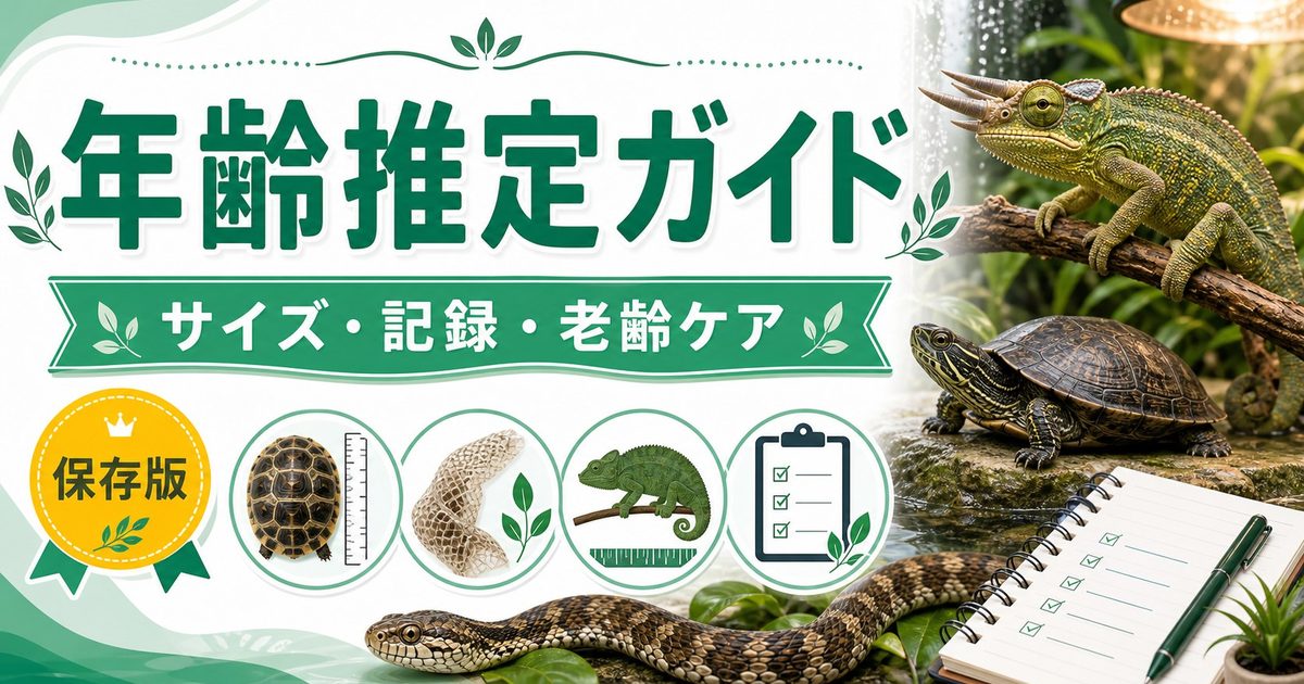 爬虫類の年齢推定完全ガイド｜鱗・甲羅年輪・サイズ・骨密度から老齢サインまで爬虫類の年齢を見抜く方法の要点を伝えるカメレオン・爬虫類記事アイキャッチ画像
