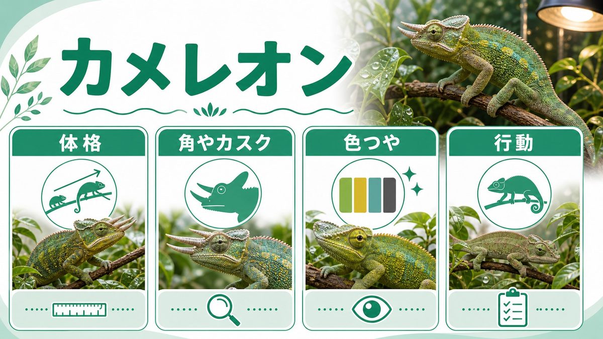 🦎 カメレオンの年齢推定の要点をまとめたカメレオン・爬虫類飼育インフォグラフィック