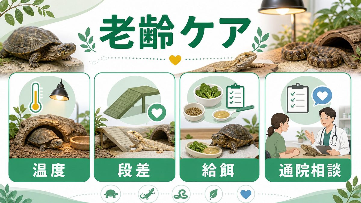 💚 年齢推定を老齢期ケアプランに活かす方法の要点をまとめたカメレオン・爬虫類飼育インフォグラフィック