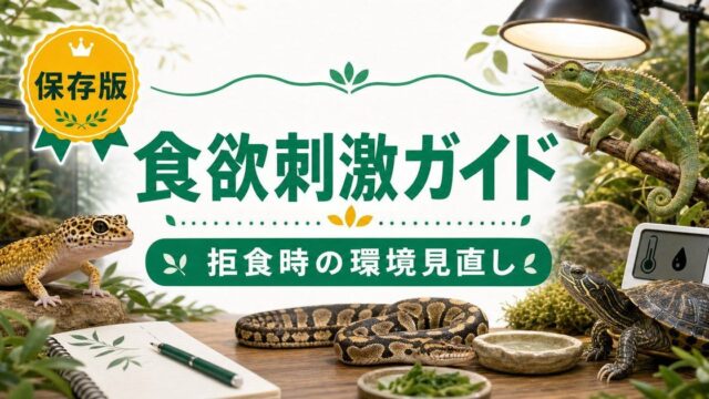 爬虫類の食欲刺激・採食促進完全ガイド｜拒食気味・食欲低下した爬虫類を再び食べさせる科学的アプローチの要点を伝えるカメレオン・爬虫類記事アイキャッチ画像
