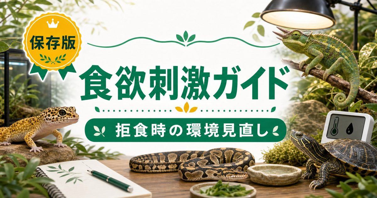 爬虫類の食欲刺激・採食促進完全ガイド｜拒食気味・食欲低下した爬虫類を再び食べさせる科学的アプローチの要点を伝えるカメレオン・爬虫類記事アイキャッチ画像