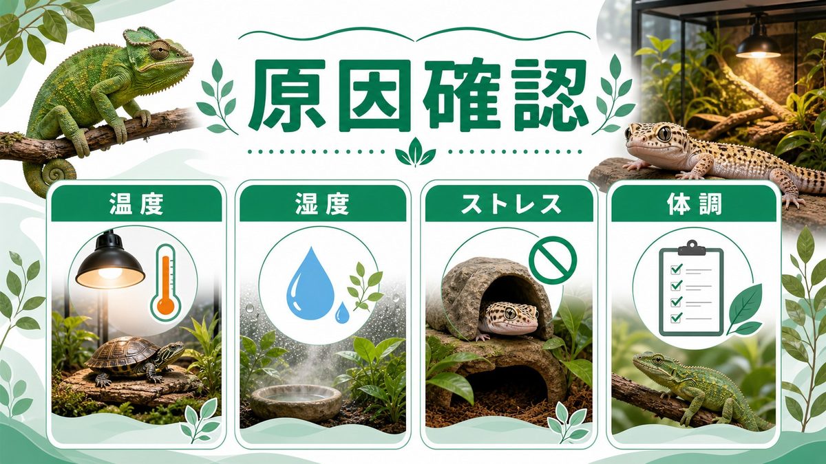 食欲低下の主な原因チェックリスト｜温度・湿度・ストレス・疾患・季節・繁殖の要点をまとめたカメレオン・爬虫類飼育インフォグラフィック
