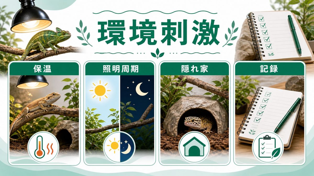 温度・環境による食欲刺激｜バスキング後給餌・温度勾配・照明サイクルの活用法の要点をまとめたカメレオン・爬虫類飼育インフォグラフィック