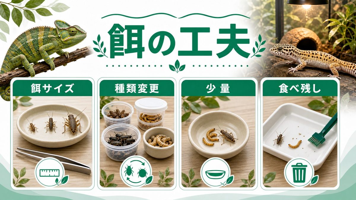 餌の工夫による採食誘導｜生き餌の動き・匂い付け・餌のサイズ変更・多様化の要点をまとめたカメレオン・爬虫類飼育インフォグラフィック