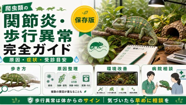 爬虫類の関節炎・歩行異常完全ガイド｜原因・症状・対処と動物病院の受診目安を徹底解説の要点を伝えるカメレオン・爬虫類記事アイキャッチ画像