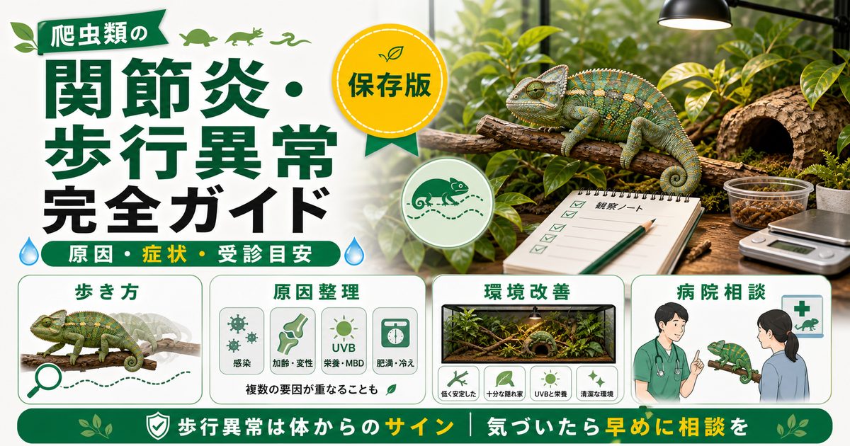 爬虫類の関節炎・歩行異常完全ガイド｜原因・症状・対処と動物病院の受診目安を徹底解説の要点を伝えるカメレオン・爬虫類記事アイキャッチ画像