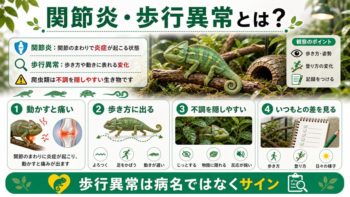 爬虫類の関節炎・歩行異常とは?の要点をまとめたカメレオン・爬虫類飼育インフォグラフィック