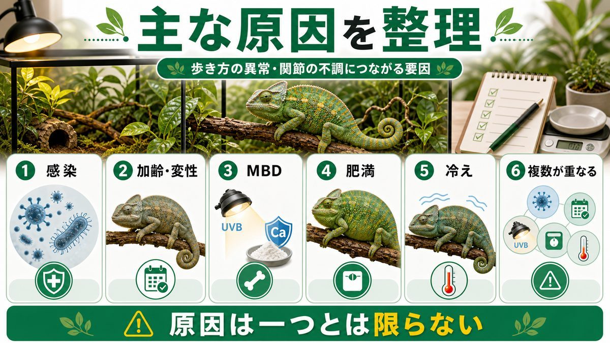 主な原因(感染・変性・MBD・加齢・肥満・冷え)の要点をまとめたカメレオン・爬虫類飼育インフォグラフィック