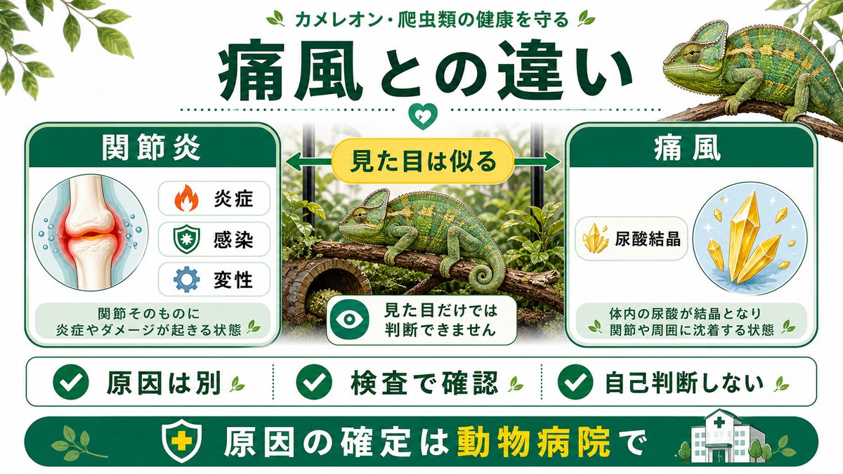 痛風との違い・見分け方の要点をまとめたカメレオン・爬虫類飼育インフォグラフィック