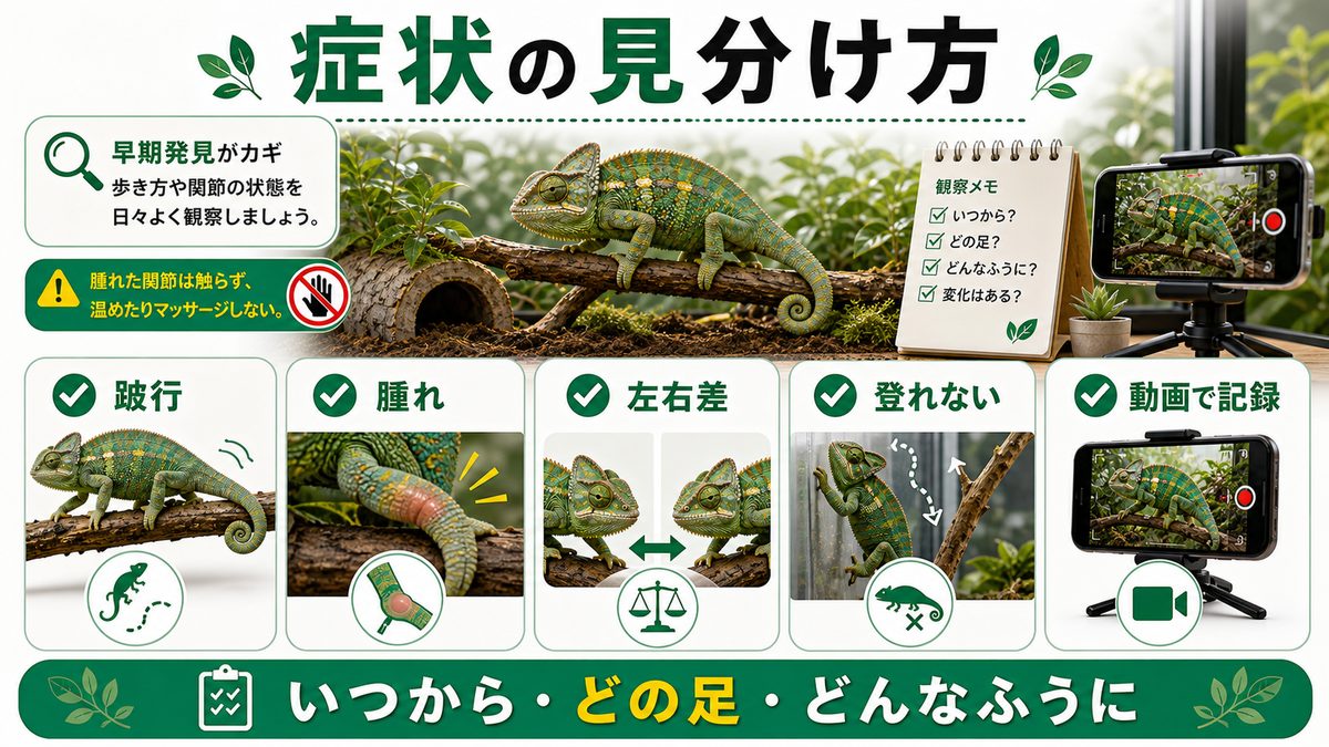 症状の見分け方(跛行・腫れ)の要点をまとめたカメレオン・爬虫類飼育インフォグラフィック