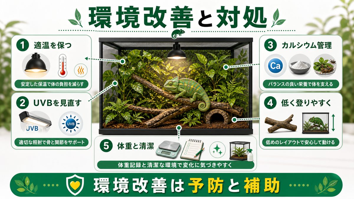 環境改善と対処の要点をまとめたカメレオン・爬虫類飼育インフォグラフィック