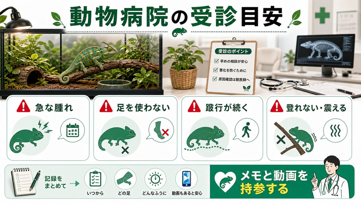 動物病院の受診目安の要点をまとめたカメレオン・爬虫類飼育インフォグラフィック