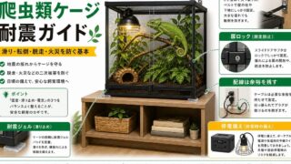 爬虫類ケージの耐震・転倒防止完全ガイド｜地震からケージと生体を守る固定金具・耐震マット・突っ張り対策を徹底解説の要点を伝えるカメレオン・爬虫類記事アイキャッチ画像