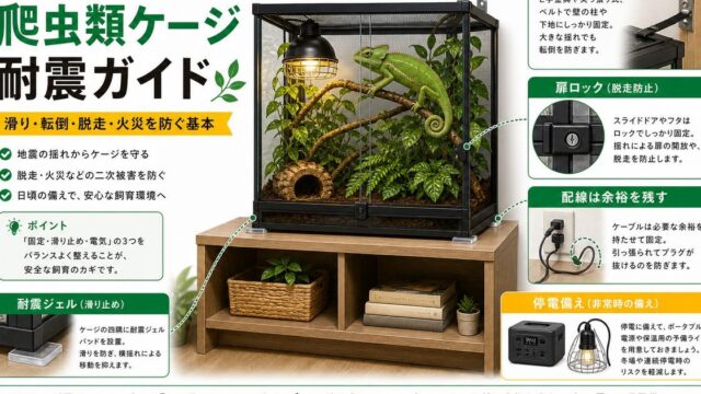 爬虫類ケージの耐震・転倒防止完全ガイド｜地震からケージと生体を守る固定金具・耐震マット・突っ張り対策を徹底解説の要点を伝えるカメレオン・爬虫類記事アイキャッチ画像