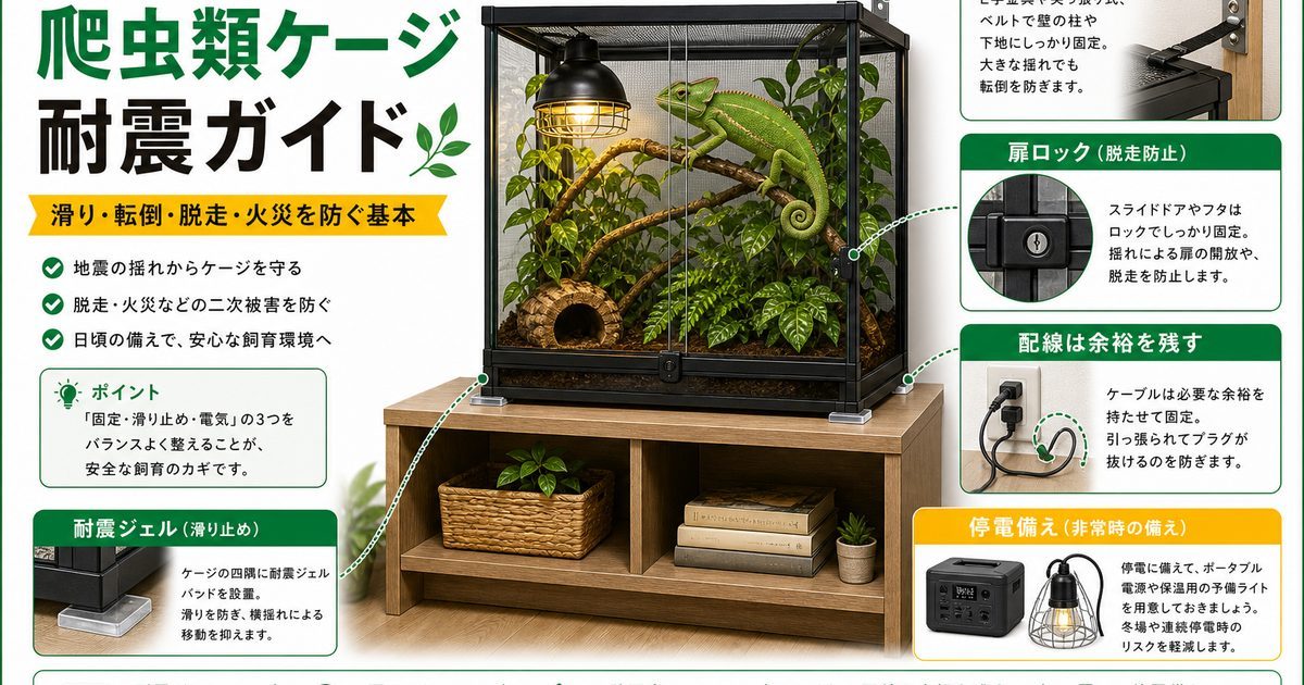 爬虫類ケージの耐震・転倒防止完全ガイド｜地震からケージと生体を守る固定金具・耐震マット・突っ張り対策を徹底解説の要点を伝えるカメレオン・爬虫類記事アイキャッチ画像