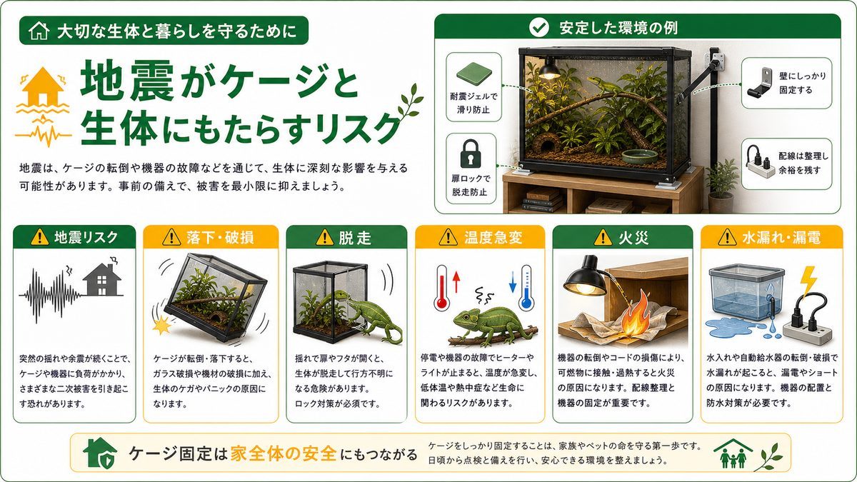 地震がケージと生体にもたらすリスクの要点をまとめたカメレオン・爬虫類飼育インフォグラフィック