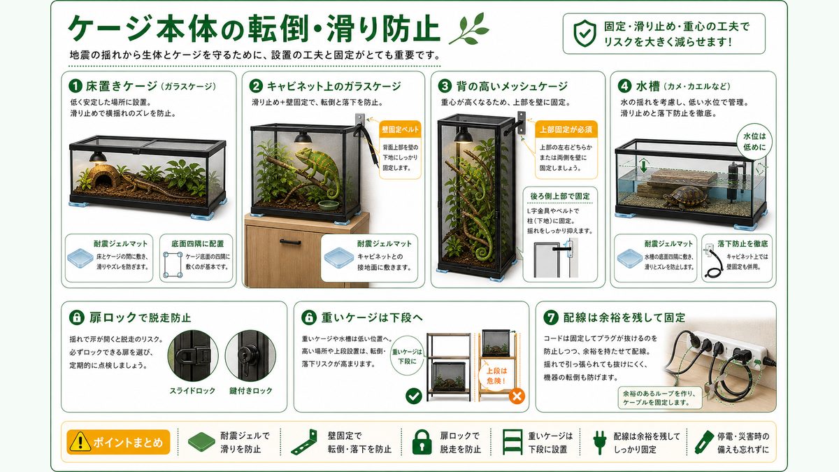 ケージ本体の転倒・滑り防止の要点をまとめたカメレオン・爬虫類飼育インフォグラフィック