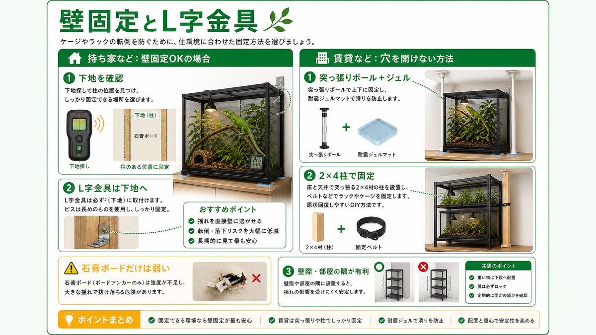 壁固定とL字金具の使い方の要点をまとめたカメレオン・爬虫類飼育インフォグラフィック