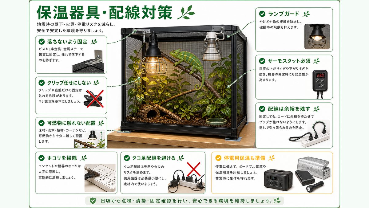 保温器具・配線の地震対策の要点をまとめたカメレオン・爬虫類飼育インフォグラフィック