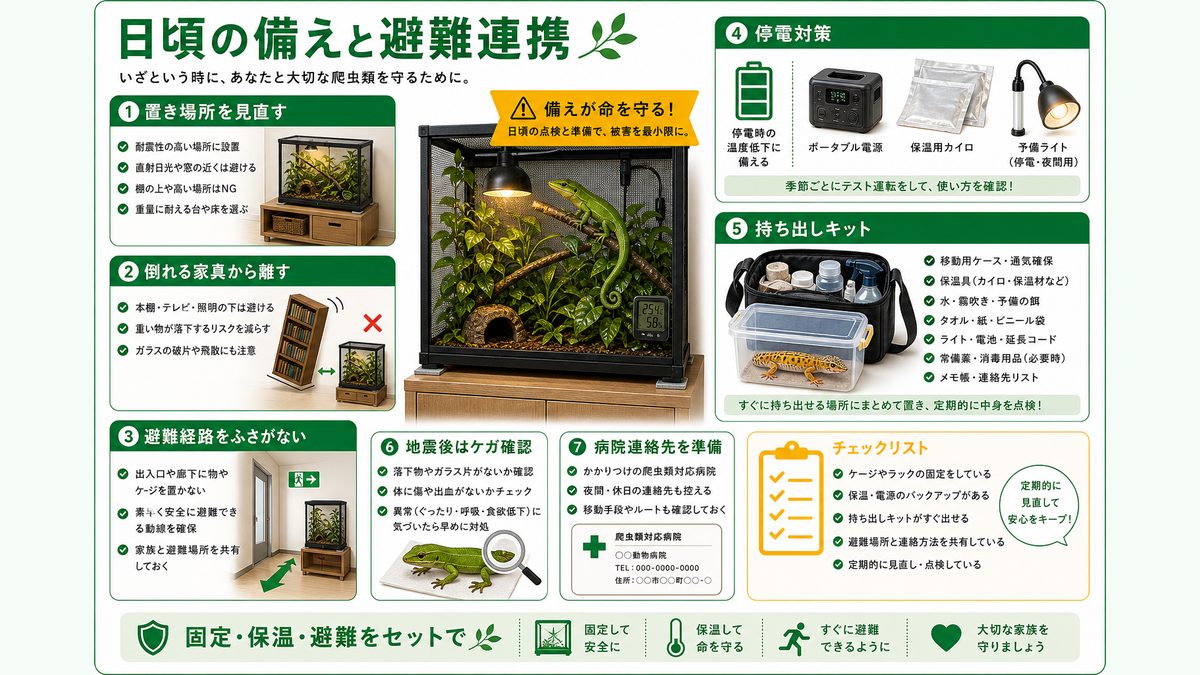 日頃の備えと避難の連携の要点をまとめたカメレオン・爬虫類飼育インフォグラフィック