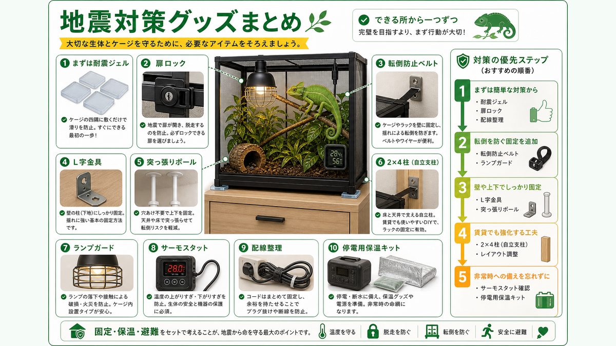 地震対策グッズまとめ(Amazon)の要点をまとめたカメレオン・爬虫類飼育インフォグラフィック