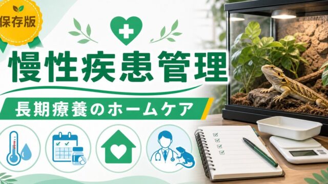 爬虫類の慢性疾患・長期療養管理完全ガイド｜MBD・肝臓病・腎臓病・心疾患を抱える個体のホームケアの要点を伝えるカメレオン・爬虫類記事アイキャッチ画像