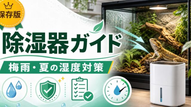 爬虫類飼育部屋の除湿器完全ガイド｜梅雨・夏の高湿度対策・カビ防止・除湿機の選び方と設置方法の要点を伝えるカメレオン・爬虫類記事アイキャッチ画像