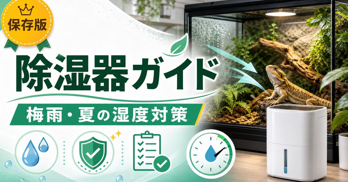 爬虫類飼育部屋の除湿器完全ガイド｜梅雨・夏の高湿度対策・カビ防止・除湿機の選び方と設置方法の要点を伝えるカメレオン・爬虫類記事アイキャッチ画像