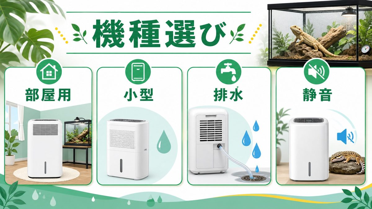 除湿機の種類と選び方|コンプレッサー式・デシカント式・ハイブリッド式を比較の要点をまとめたカメレオン・爬虫類飼育インフォグラフィック
