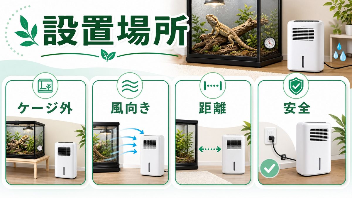 爬虫類部屋への除湿機の設置方法|設置位置・能力計算・ドレン管理の要点をまとめたカメレオン・爬虫類飼育インフォグラフィック