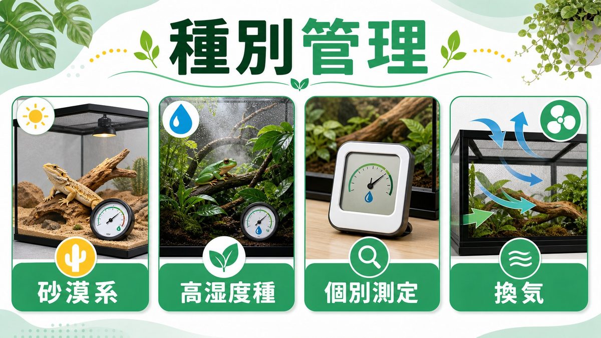 種別の湿度管理|砂漠系と高湿度種を同室で管理する方法の要点をまとめたカメレオン・爬虫類飼育インフォグラフィック