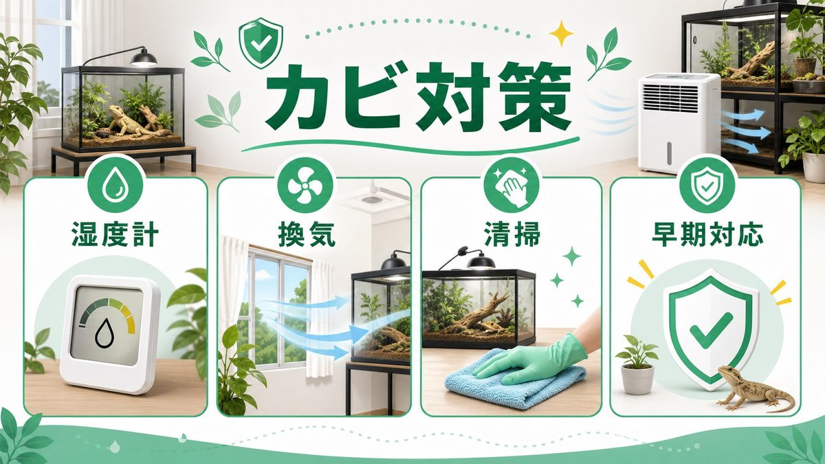 カビ対策と空気清浄|除湿+防カビ+換気の組み合わせで完全防衛の要点をまとめたカメレオン・爬虫類飼育インフォグラフィック
