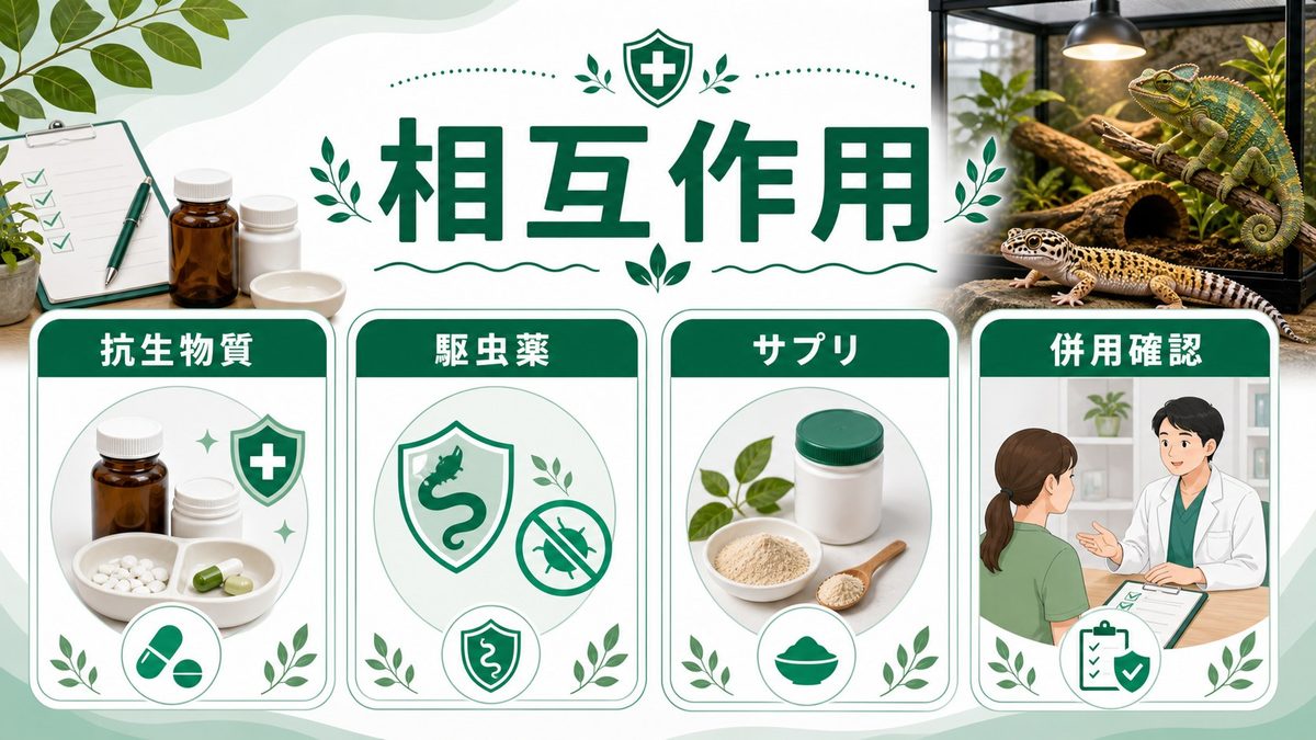 💊 主な薬剤カテゴリと相互作用リスクの要点をまとめたカメレオン・爬虫類飼育インフォグラフィック