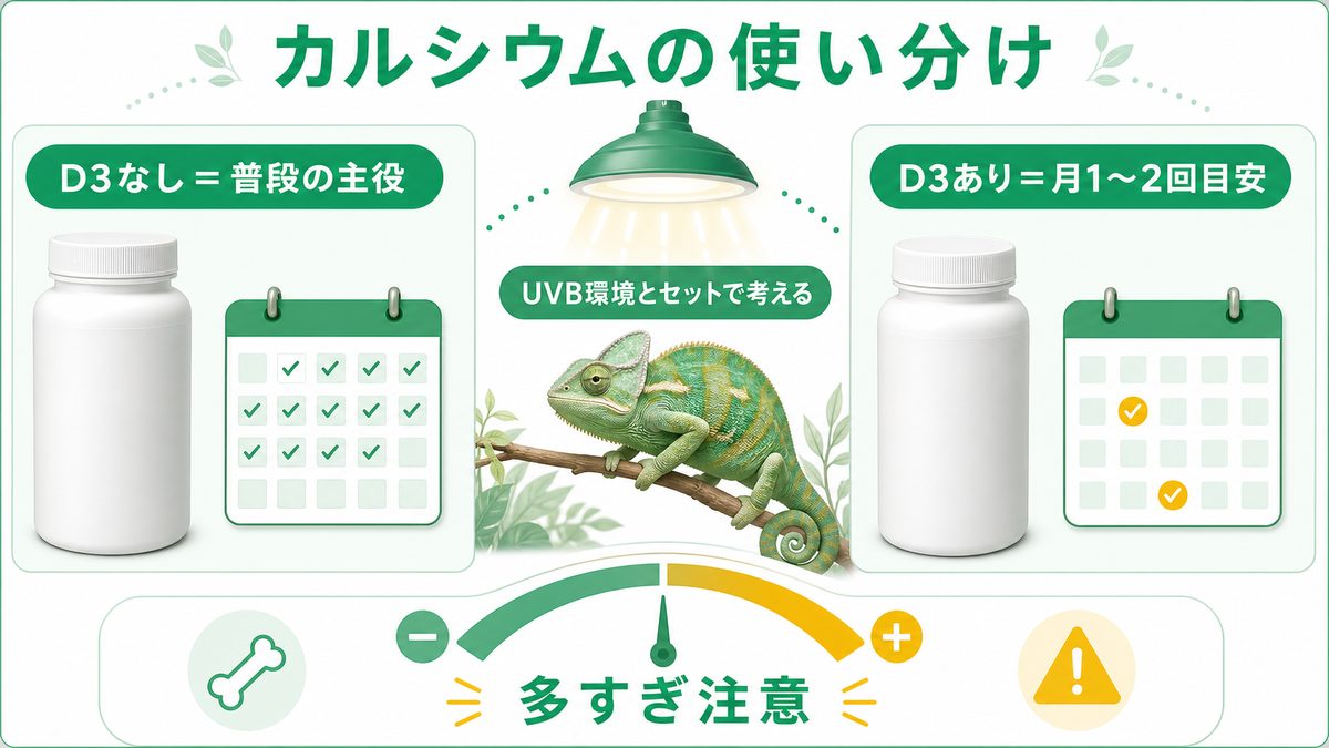 カルシウム剤（D3なし／あり）の使い分けの要点をまとめたカメレオン・爬虫類飼育インフォグラフィック