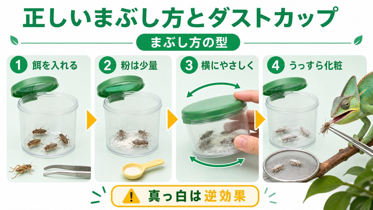 正しいまぶし方とダストカップの要点をまとめたカメレオン・爬虫類飼育インフォグラフィック