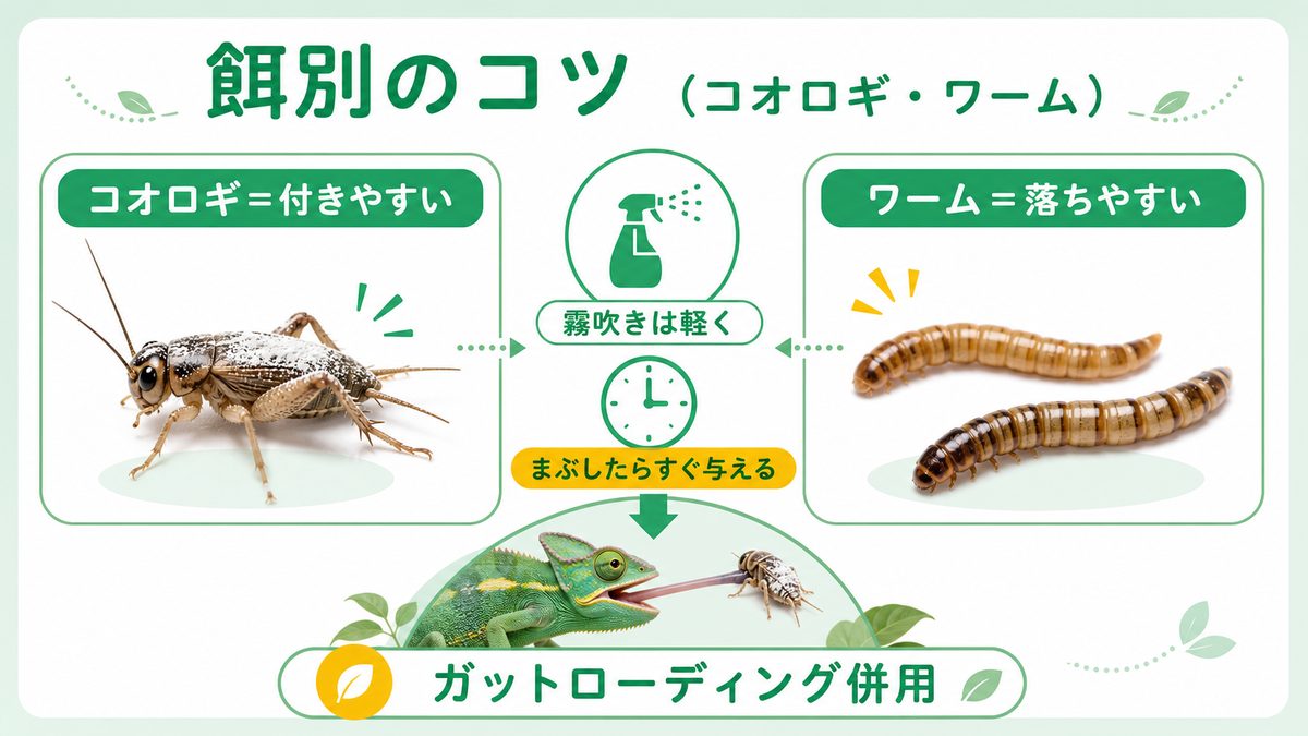 餌別のコツ（コオロギ・ワーム）の要点をまとめたカメレオン・爬虫類飼育インフォグラフィック