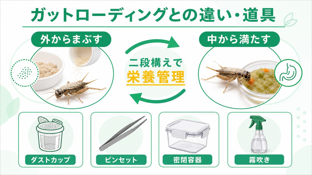 ガットローディングとの違い・道具の要点をまとめたカメレオン・爬虫類飼育インフォグラフィック